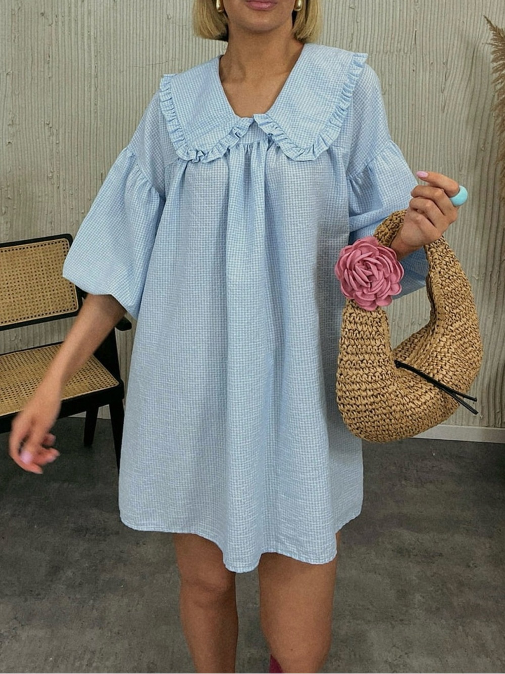 GINGHAM PLAID BABYDOLL MINI DRESS (MULTIPLE COLORS/SIZES) - Picture 2 of 11